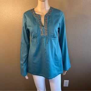 Ann Taylor LOFT 100% Cotton Teal Long Sleeve Embellished Tunic Top Sz 4